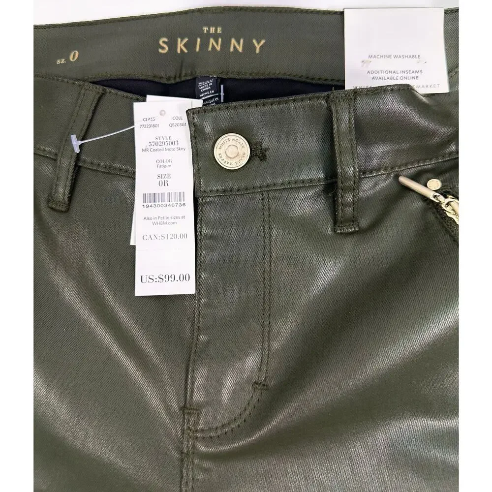 NWT White House Black Market Mid Rise Coated Moto Skinny Jeans Green Size 0R - Picture 7 of 12